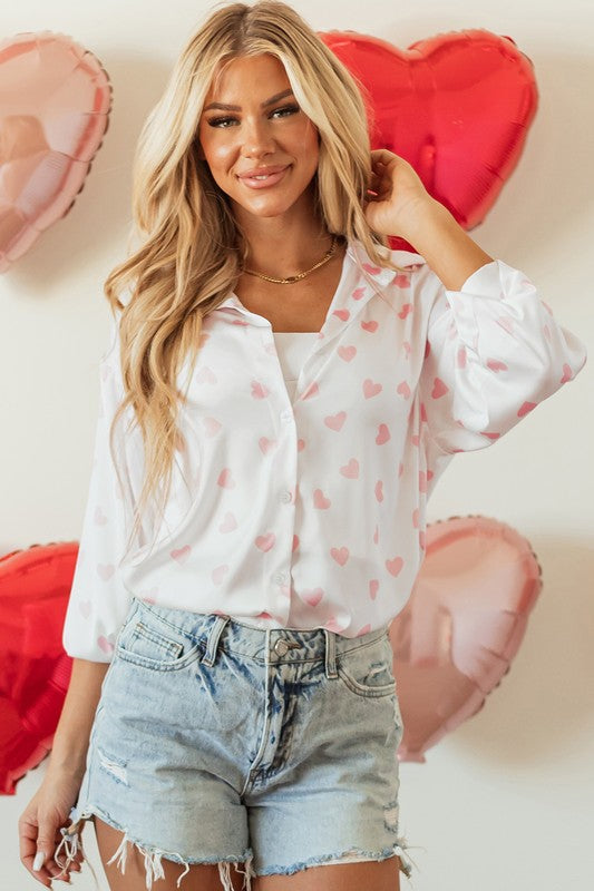 Heart Print Drop Shoulder Button Up