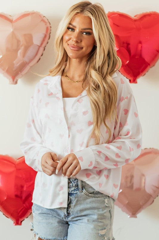 Heart Print Drop Shoulder Button Up