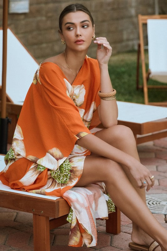 Orange Floral Oversized Cover Up