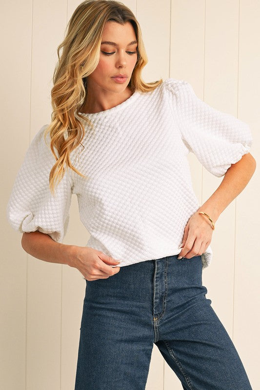 White Textured Puff Sleeve Top