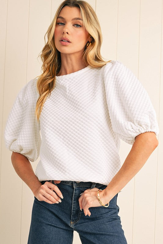 White Textured Puff Sleeve Top