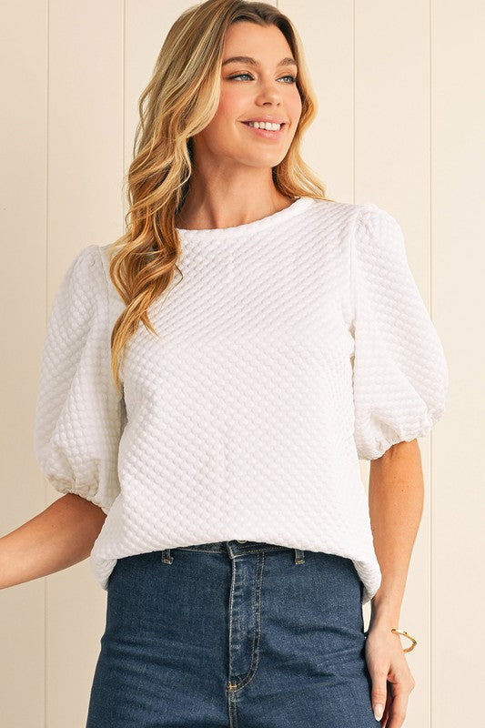 White Textured Puff Sleeve Top