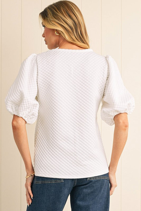 White Textured Puff Sleeve Top