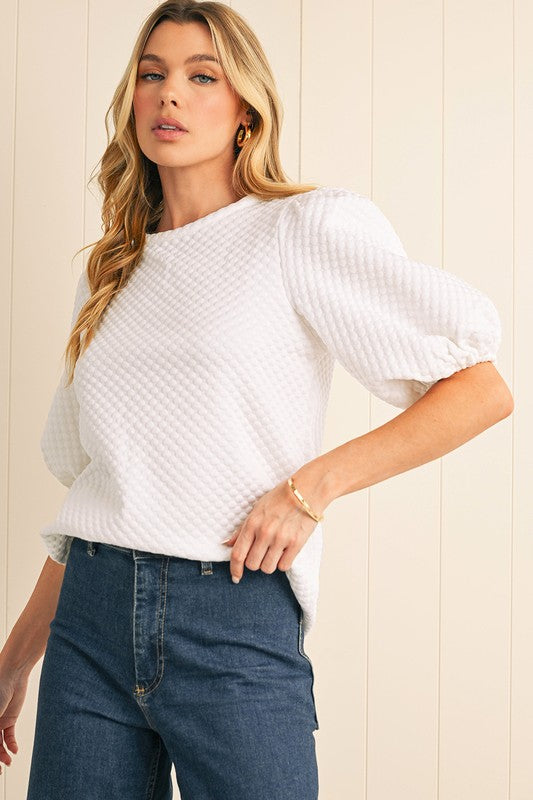 White Textured Puff Sleeve Top