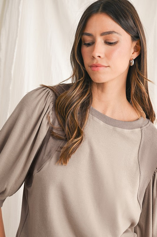 Khaki Contrast Lantern Sleeve Top