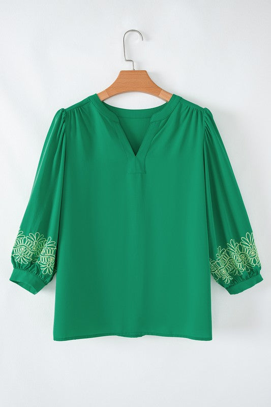 Green Floral Embroidery Top