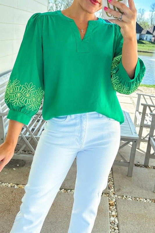 Green Floral Embroidery Top