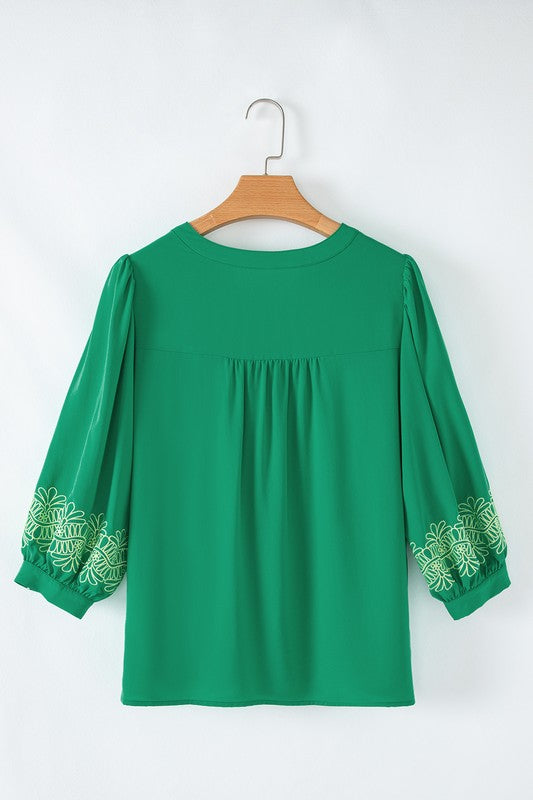 Green Floral Embroidery Top