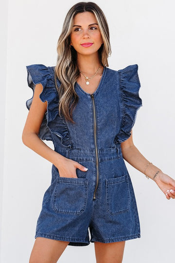 Ruffle Denim Zipper Romper