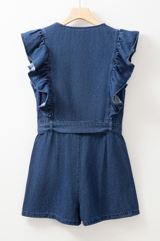 Ruffle Denim Zipper Romper