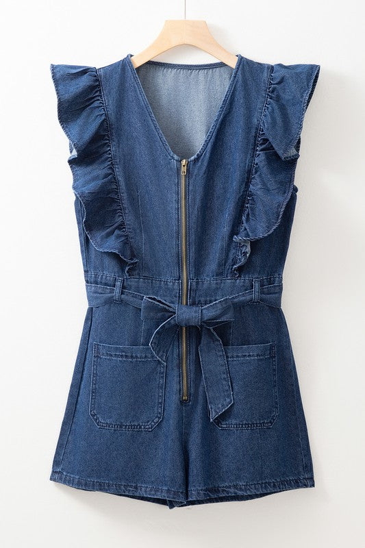 Ruffle Denim Zipper Romper