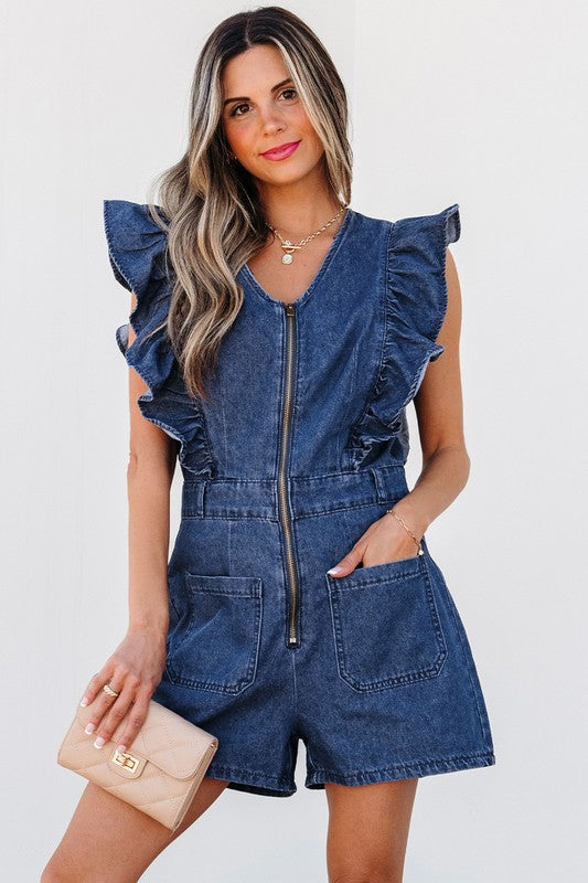 Ruffle Denim Zipper Romper