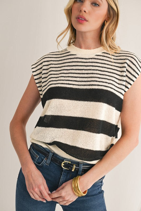 Mix Black Striped Knit Top