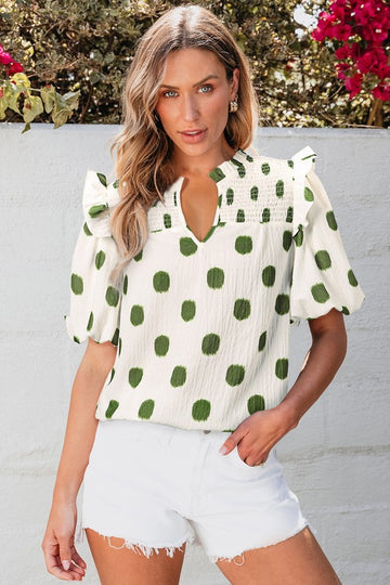 Green Dot Notched Neck Top