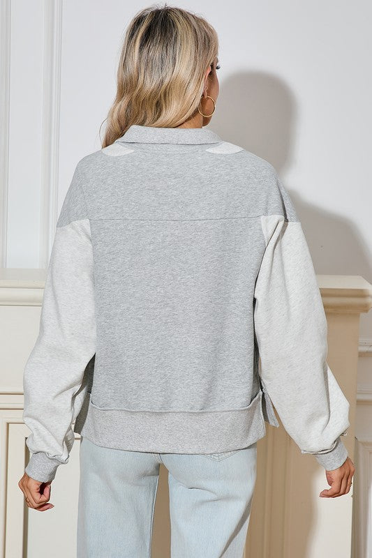 Gray Color Block Zipper Pullover