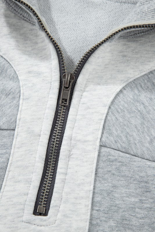 Gray Color Block Zipper Pullover