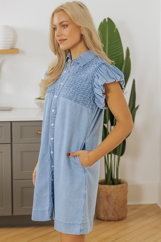 Flutter Sleeve Shirred Denim Dress