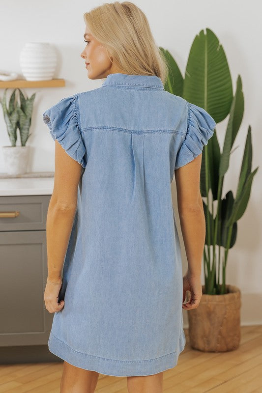 Flutter Sleeve Shirred Denim Dress