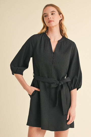 Black Waffle Knit Belted Dress