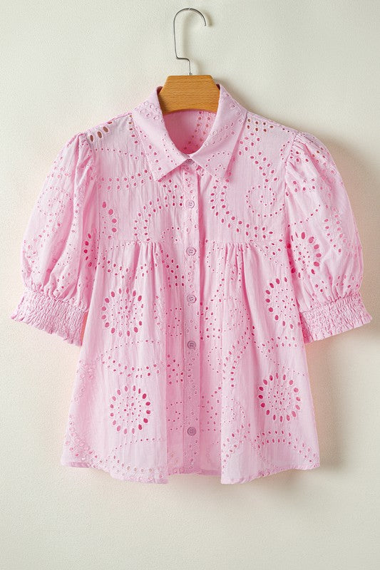 Pink Hallow Out Embroidered Blouse