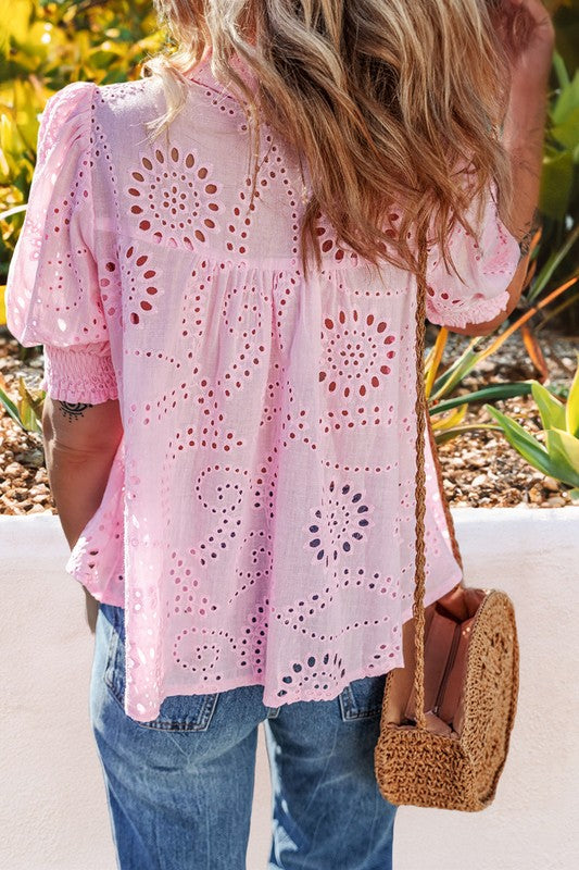 Pink Hallow Out Embroidered Blouse