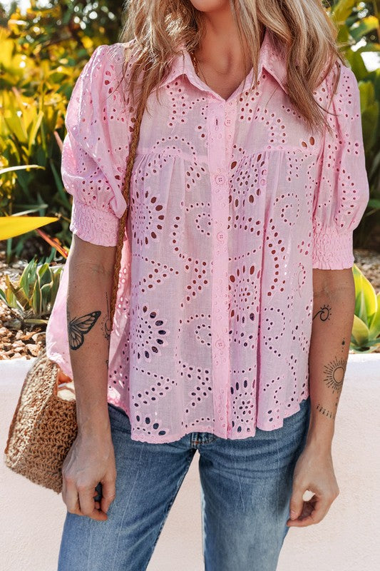 Pink Hallow Out Embroidered Blouse