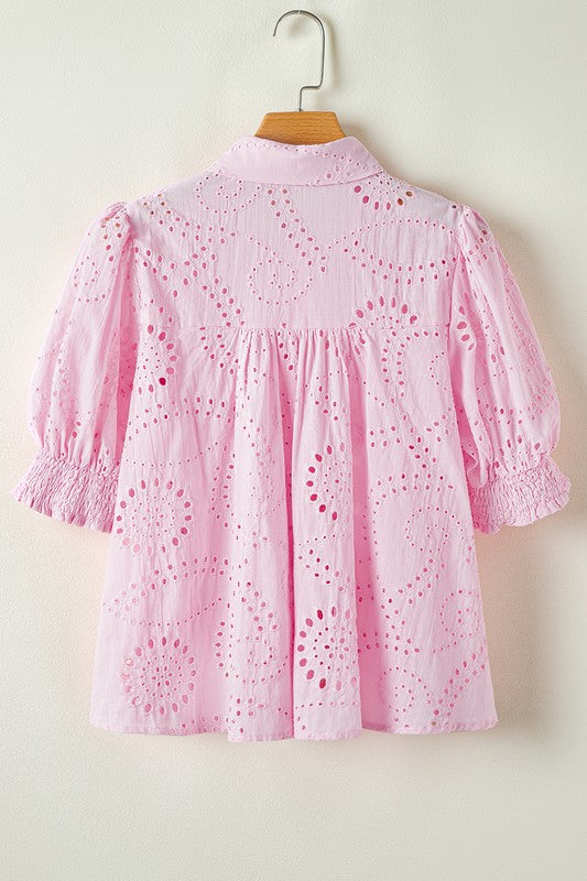 Pink Hallow Out Embroidered Blouse