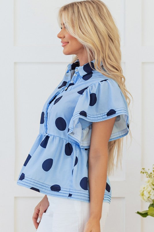 Navy & Blue Polka Dot Ruffle Top