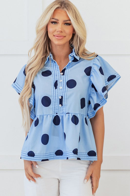 Navy & Blue Polka Dot Ruffle Top