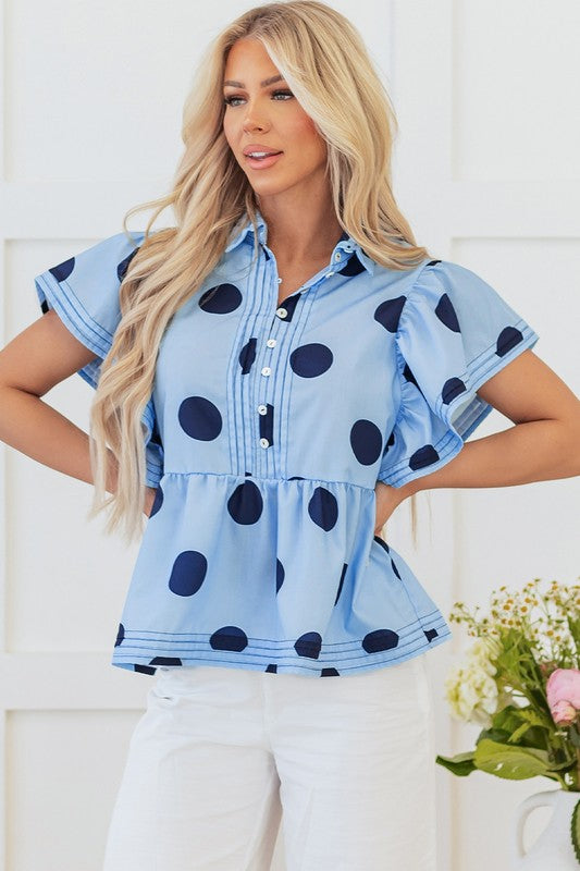 Navy & Blue Polka Dot Ruffle Top