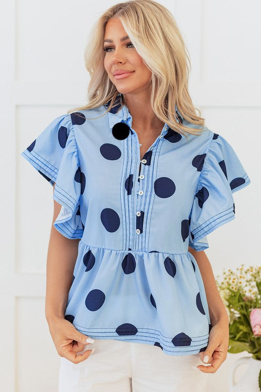 Navy & Blue Polka Dot Ruffle Top