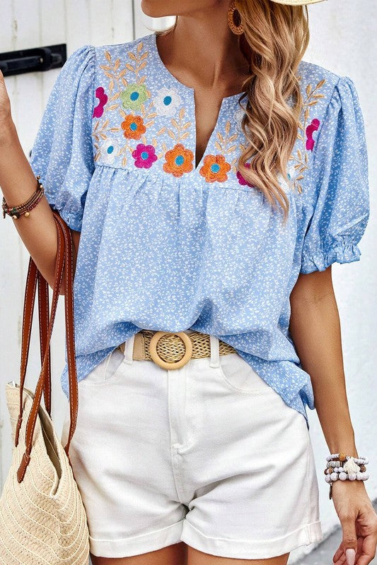 Blue Floral Embroidered Top - 2