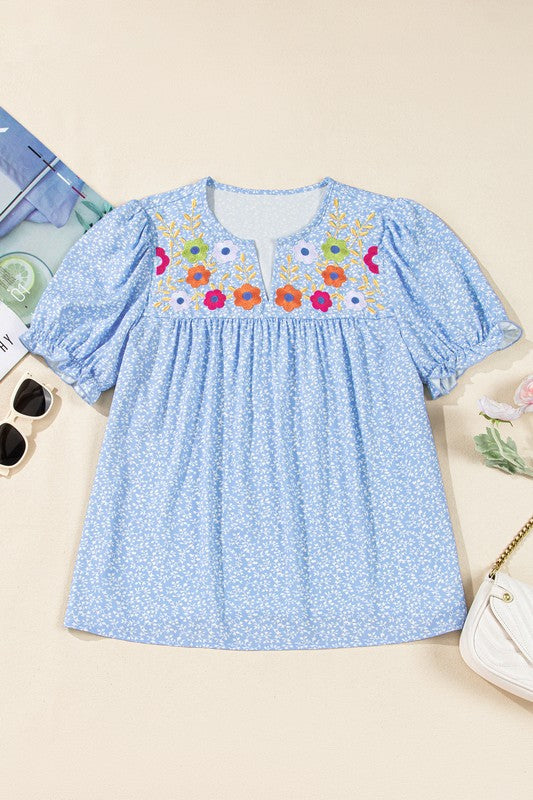 Blue Floral Embroidered Top - 2