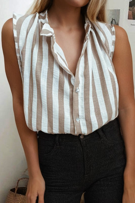 Khaki Stripe Sleeveless Blouse