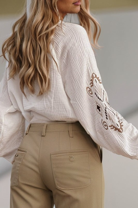 Cotton Crinkle Embroidered Sleeve Top