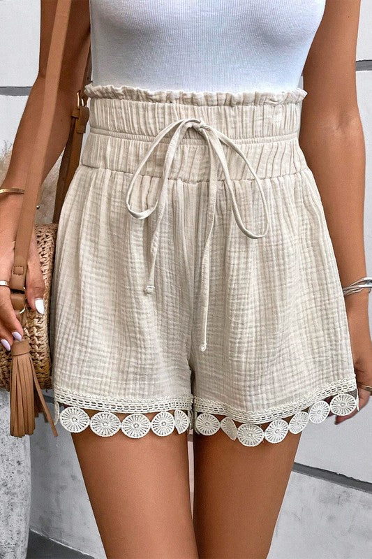 Cotton Crinkle Lace Hem Shorts