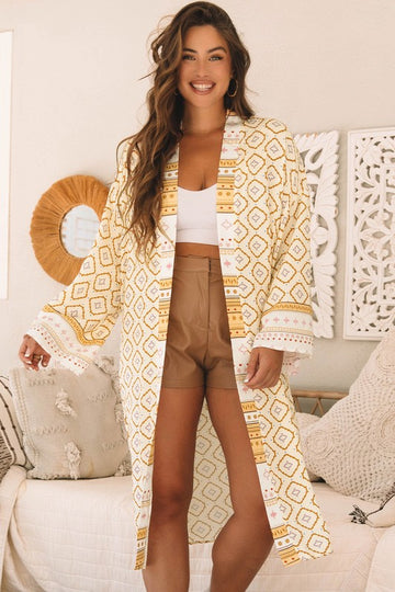 Soft Yellow Boho Geo Print Kimono Cardigan