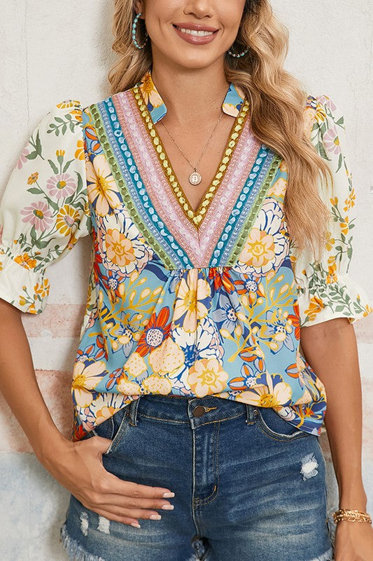 Boho Embroidered V Neck Top - 2