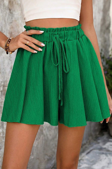 Green Textured Elastic Waistline Shorts - 2