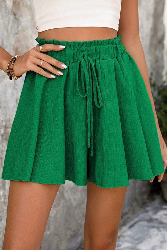 Green Textured Elastic Waistline Shorts