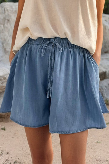 Flowy Elastic Waistline Denim Shorts-2