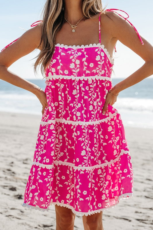 Pink Floral Tie Shoulder Dress