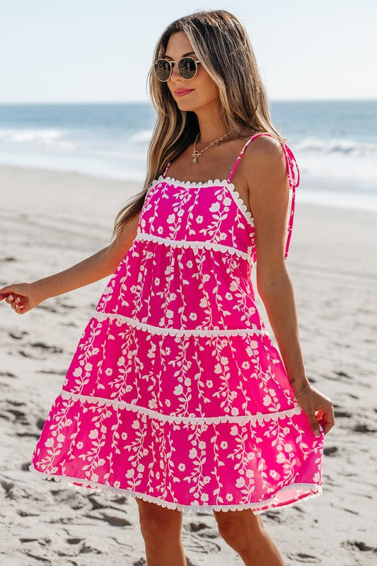 Pink Floral Tie Shoulder Dress