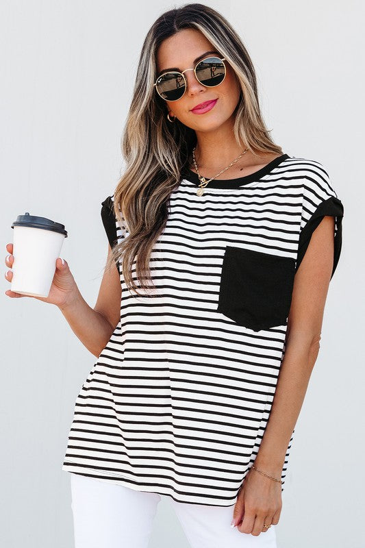 Black Pocket Stripe Tee