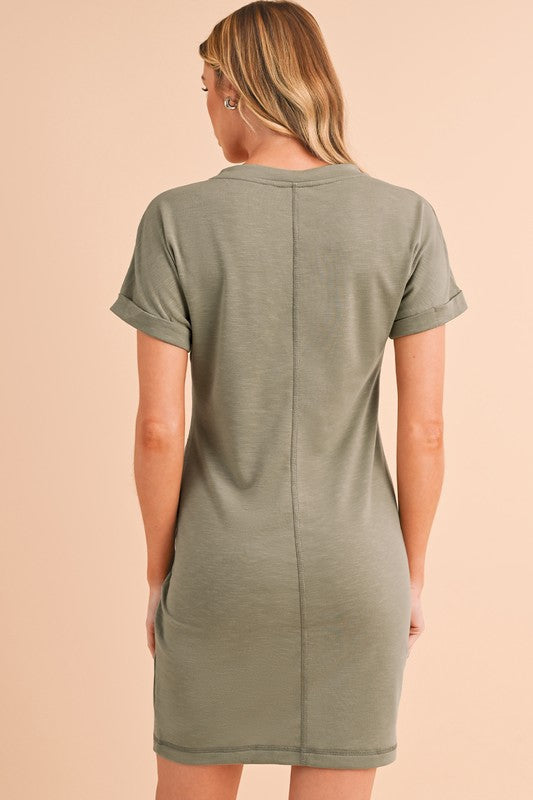 Exposed Stitch Olive Green Side Twist Dress