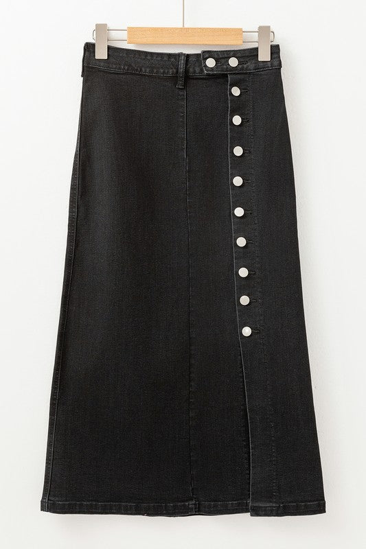 Black Denim Button Fly Side Slit Skirt