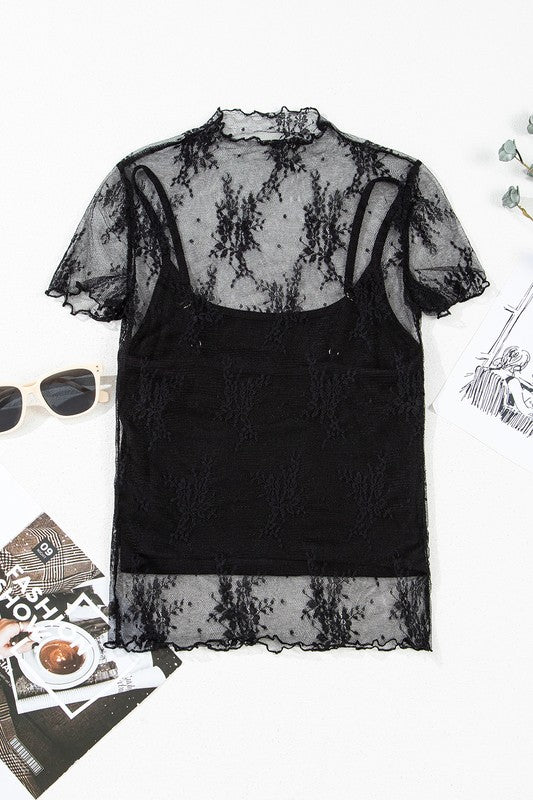 Floral Sheer Mesh Black Top