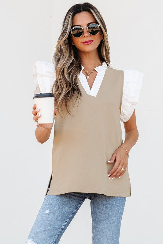 Khaki & Ruffle Contrast Top