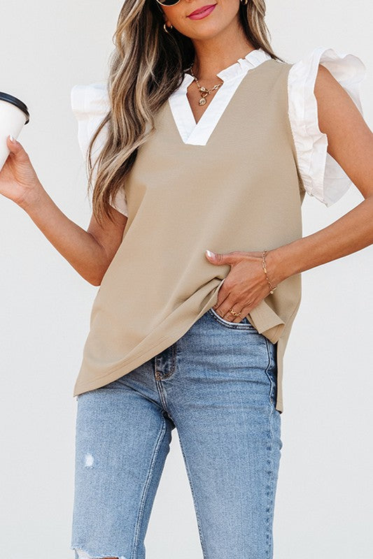 Khaki & Ruffle Contrast Top