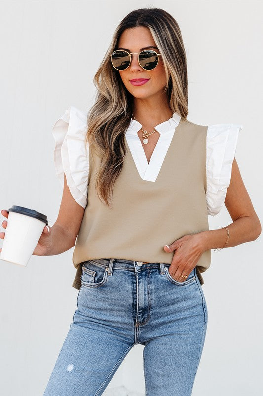 Khaki & Ruffle Contrast Top